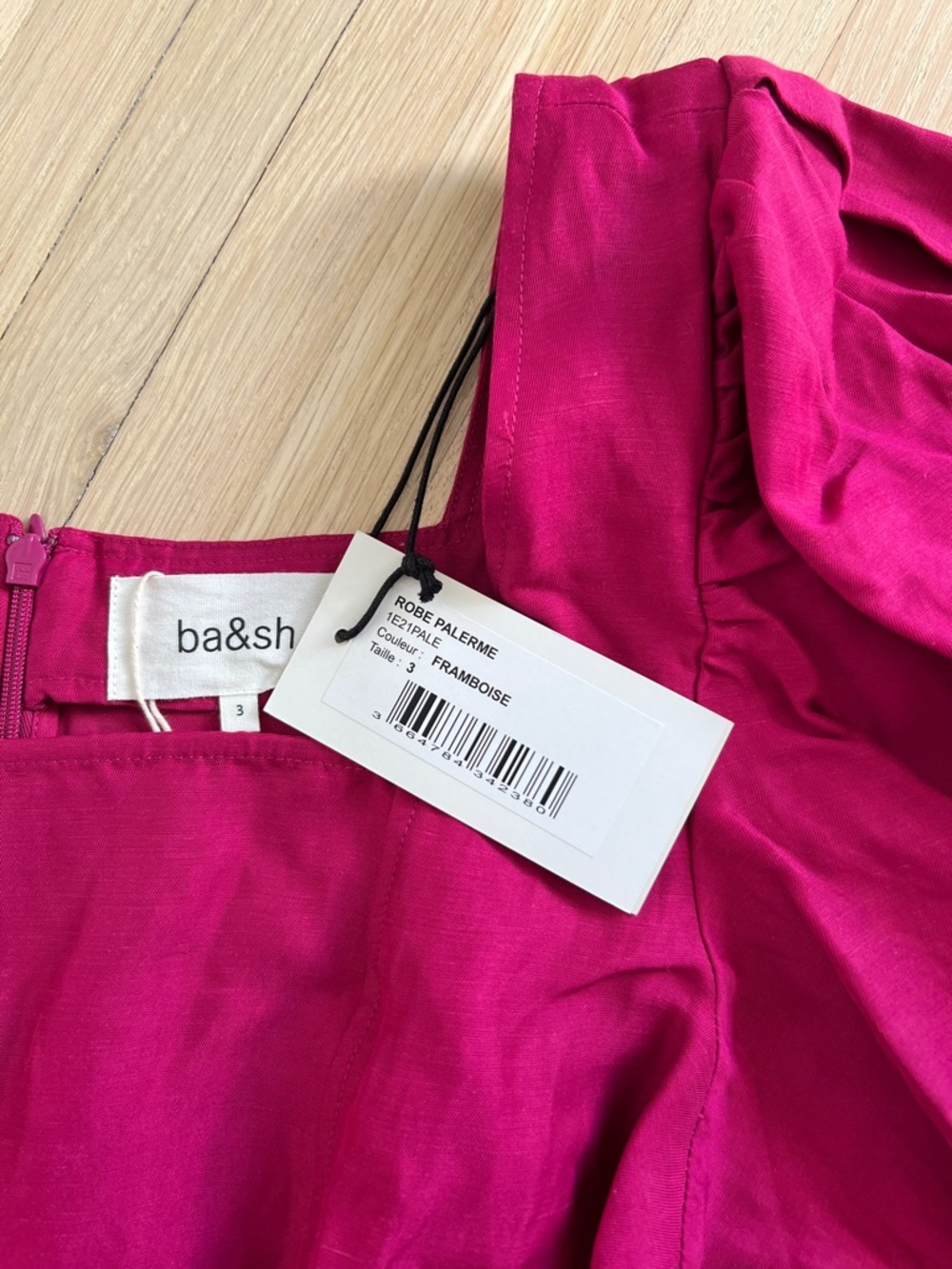 NWT ba&sh Fuchsia Framboise Puff-Sleeve Square-Neck Dress Robe Palerme L - Picture 5 of 10